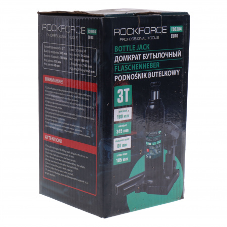 Домкрат гидравлический RF-T90304EURO бутылочный с клапаном 3т (выс.подъема 180-345мм) ROCKFORCE /1/6