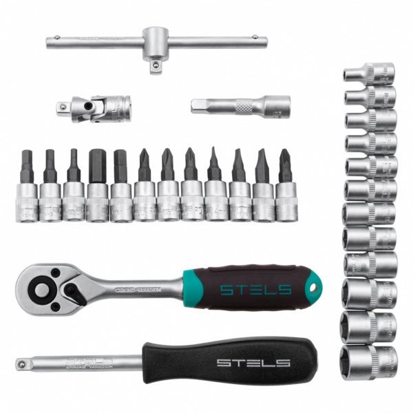 Набор инструментов, 1/4", CrV, пластиковый кейс 29 предметов Stels Набор инструментов, 1/4", CrV, пластиковый кейс 29 предметов Stels