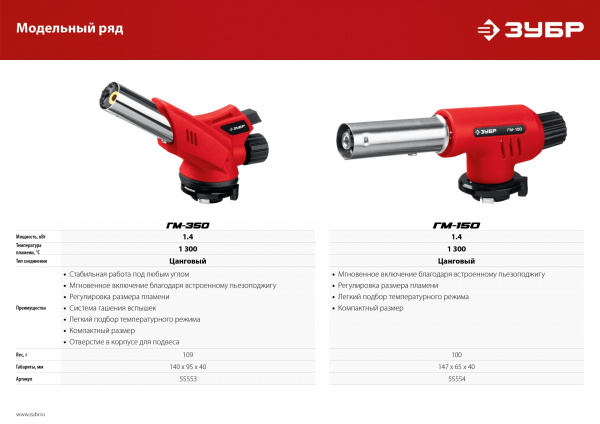 ЗУБР ГМ-350, 1300°C, газовая горелка с пьезоподжигом на баллон с цанговым соединением (55553) ЗУБР ГМ-350, 1300°C, газовая горелка с пьезоподжигом на баллон с цанговым соединением (55553)