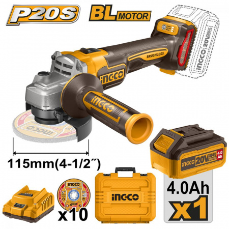 УШМ INGCO d115мм 3000-9000 об/мин,Б/Щ, аккумуляторная 20В, АКБ 4.0 Ah. з/у INDUSTRIAL CAGLI211541.