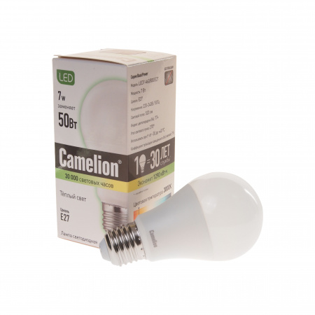 Лампа светодиодная E27 A60 7W тёплый свет CAMELION 1/10/100