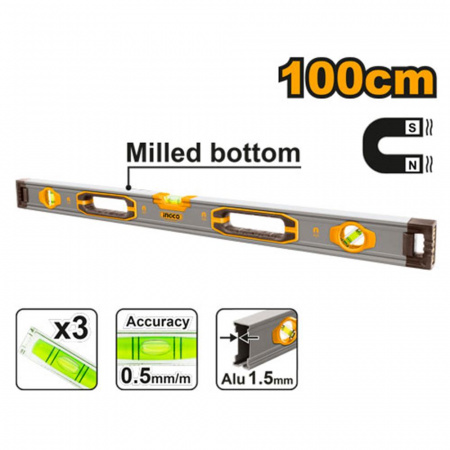 Уровень 1000мм алюм.магнит 3 глазка короб INGCO HSL38100М (20)