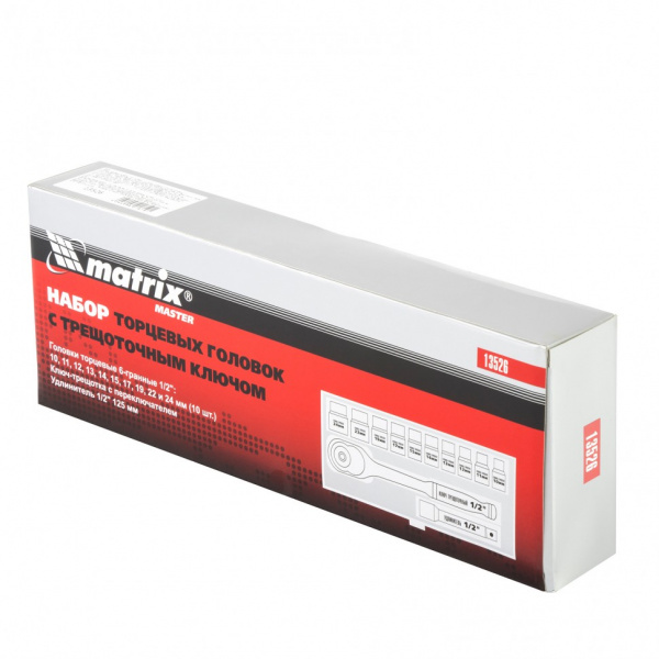 Набор торцевых головок, 1/2", головки 10 - 24 мм, с трещот. ключом, 12 предметов Matrix Набор торцевых головок, 1/2", головки 10 - 24 мм, с трещот. ключом, 12 предметов Matrix