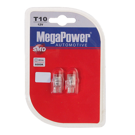 Автолампа T10W (W2,1x9,5d) 3 SMD 2835 WHITE блистер (2 шт) 6000K 54лм   12V MEGAPOWER /1 /50