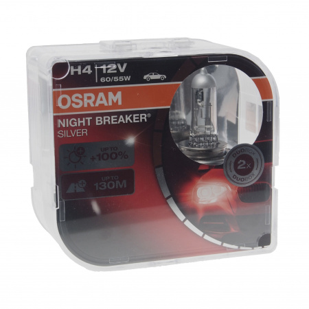 Автолампа H4 (60/55) P43t+100% NIGHT BREAKER SILVER  (евробокс, 2шт) 12V OSRAM /1/10