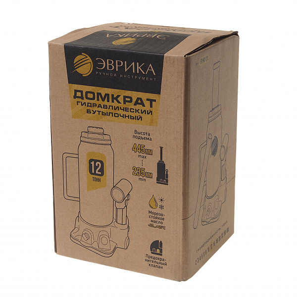 Домкрат гидравлический ER-80121 бутылочный с клапаном 12т, ремкомплект (выс. подъема 235-445мм) ЭВРИКА /1/2