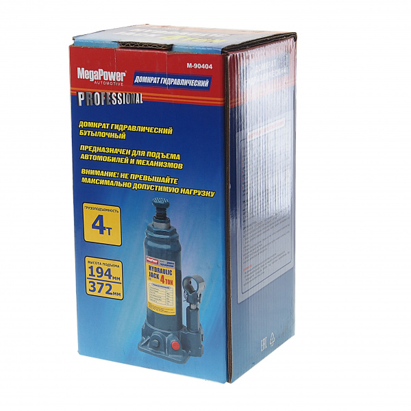 Домкрат гидравлический M-90404 бутылочный 4т (выс.подъема 194-372мм) с клапаном MEGAPOWER /1/6