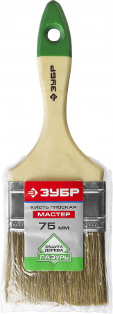ЗУБР ЛАЗУРЬ, 75 мм, 3″, светлая смешанная щетина, деревянная ручка, плоская кисть (4-01009-075)