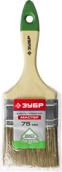 ЗУБР ЛАЗУРЬ, 75 мм, 3″, светлая смешанная щетина, деревянная ручка, плоская кисть (4-01009-075)