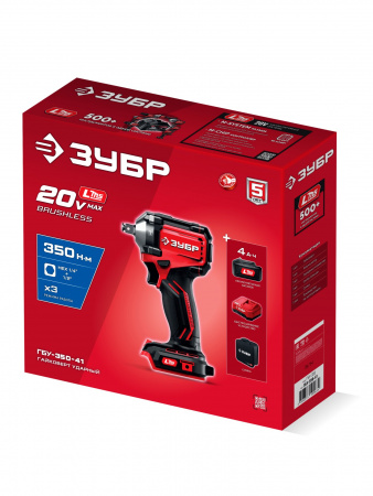 ЗУБР 20 В, 350 Н·м, 1 АКБ LMS (4 А·ч), бесщеточный ударный гайковерт, сумка (ГБУ-350-41)