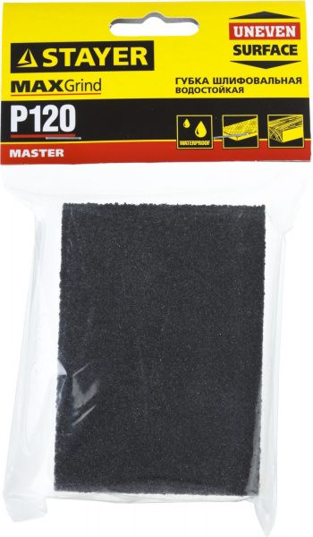 STAYER Р120, 100 х 68 х 26 мм, водостойкая, четырехсторонняя шлифовальная губка (3560-1)