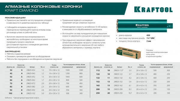 KRAFTOOL DIAMOND 122 мм (450 мм, 1 1/4″, лазерная сварка сегментов), Алмазная Коронка по железобетону (29825-122) KRAFTOOL DIAMOND 122 мм (450 мм, 1 1/4″, лазерная сварка сегментов), Алмазная Коронка по железобетону (29825-122)