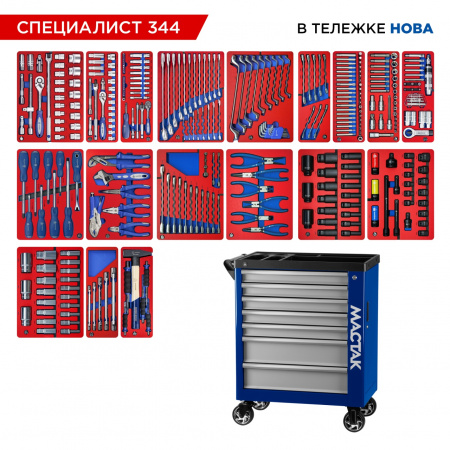 Набор инструментов 344 предмета, "СПЕЦИАЛИСТ 344", в синей тележке МАСТАК 50-07344B Набор инструментов 344 предмета, "СПЕЦИАЛИСТ 344", в синей тележке МАСТАК 50-07344B