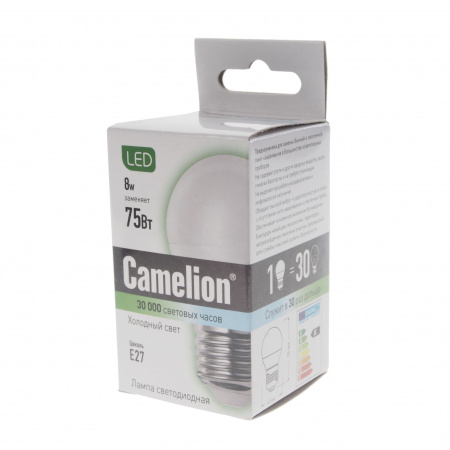Лампа светодиодная E27 G45 8W холодный свет CAMELION 1/10/100