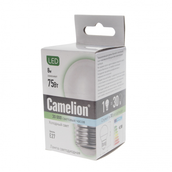 Лампа светодиодная E27 G45 8W холодный свет CAMELION 1/10/100