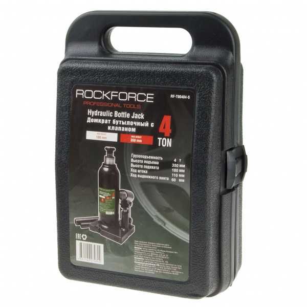 Домкрат гидравлический RF-T90404S бутылочный с клапаном 4т (выс.подъема 180-350мм) в кейсе ROCKFORCE /1/6