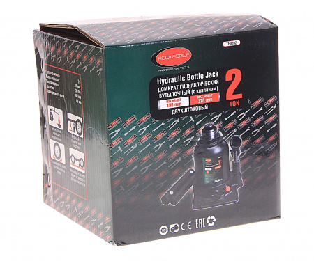 Домкрат гидравлический RF-TF0202 бутылочный с двумя штоками и клапаном 2т (выс.подъема 150-370мм) ROCKFORCE /1/6