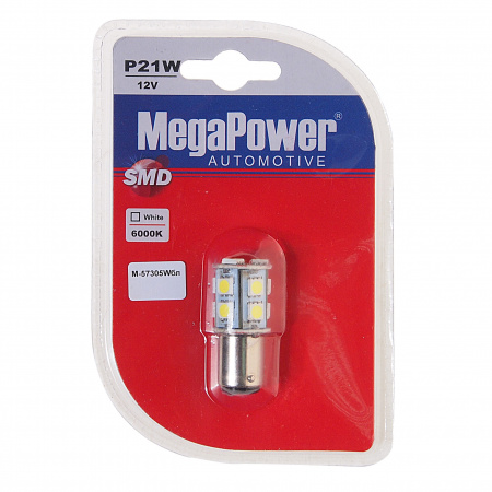 Автолампа P21/5W (BAY15d) 13 SMD 5050 WHITE блистер 260лм 6000K 12V MEGAPOWER /1/50
