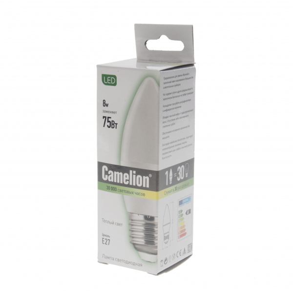 Лампа светодиодная E27 С35 8W тёплый свет CAMELION 1/10/100
