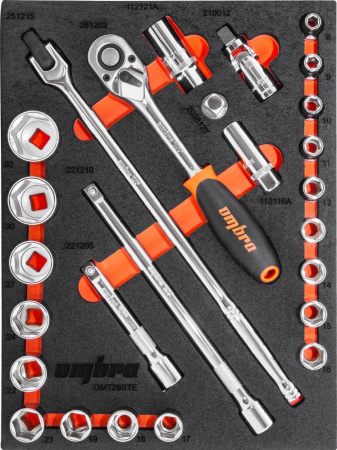 OMT26STE Набор головок торцевых 1/2" DR 8-32 мм с аксессуарами в EVA ложементе 280х375 мм, 26 предметов