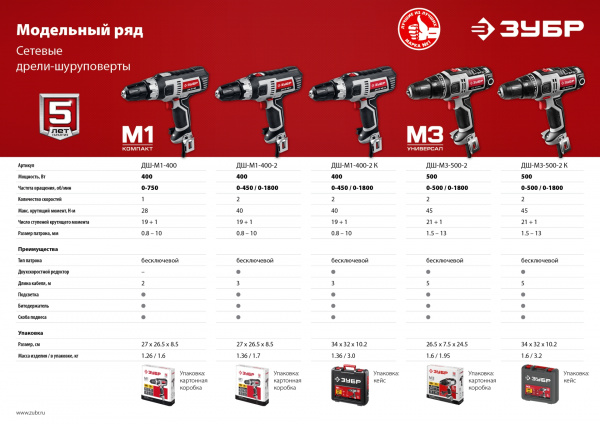 ЗУБР 500 Вт, 45 Н·м, кейс, сетевая дрель-шуруповерт (ДШ-М3-500-2 К)