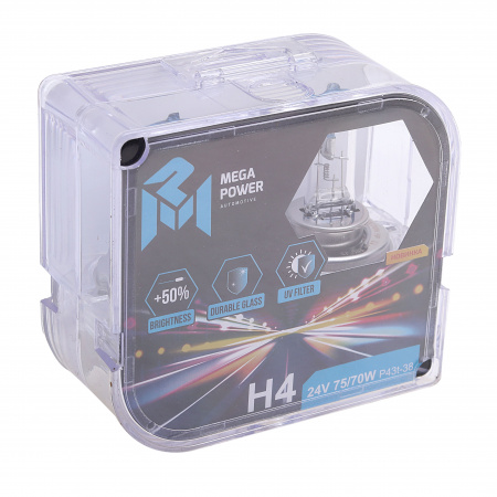 Автолампа H4 (75/70) P43t-38 +50% (бокс, 2шт) 24V MEGAPOWER /1/10