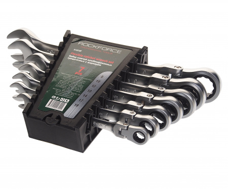 Набор ключей комбинированных RF-51072F: трещоточных с шарниром 7пр.(8,10,12,13,14,17,19мм), в пластиковом держателе ROCKFORCE /1