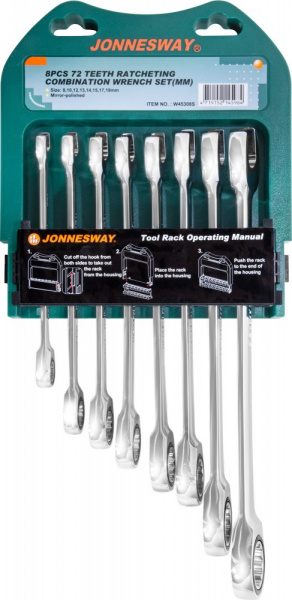 W45308S Набор ключей гаечных комбинированных трещоточных на держателе, 8-19 мм, 8 предметов