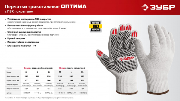 ЗУБР ОПТИМА, М (8), х/б перчатки с ПВХ покрытием (точка), 10 класс, 10 пар (11440-М10)