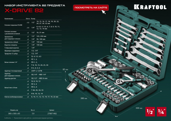 KRAFTOOL X-Drive 82, 82 предм., (1/2″+1/4″), универсальный набор инструмента (27887-H82) KRAFTOOL X-Drive 82, 82 предм., (1/2″+1/4″), универсальный набор инструмента (27887-H82)