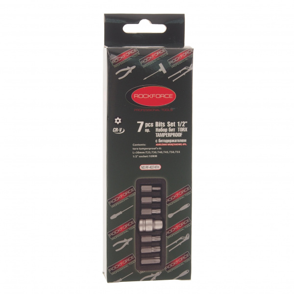 Набор бит RF-4074TH TORX с отверстием и битодержателем,7пр.1/2"(L:30мм;Т25,Т30,Т40,Т45,Т50,Т55), в ложементе ROCKFORCE /1