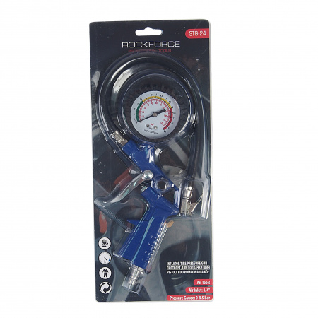 Пистолет для подкачки шин с манометром и шлангом (0-8.5 Bar), в блистере ROCKFORCE /1