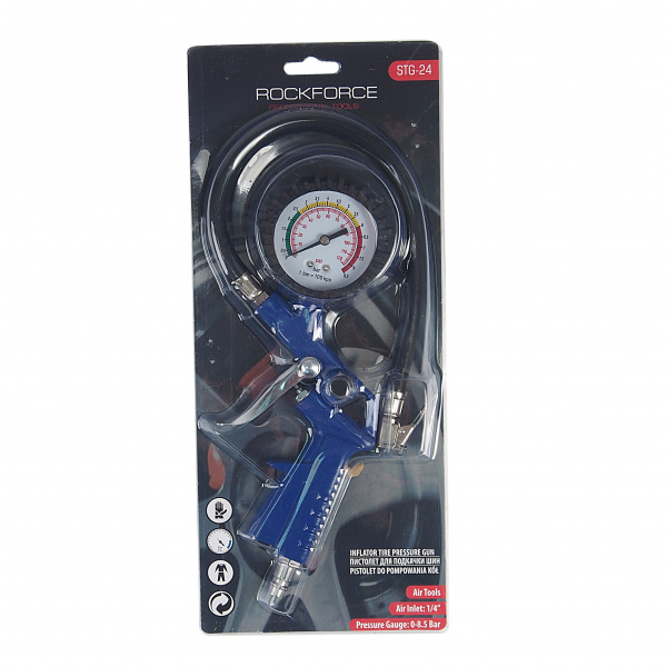 Пистолет для подкачки шин с манометром и шлангом (0-8.5 Bar), в блистере ROCKFORCE /1