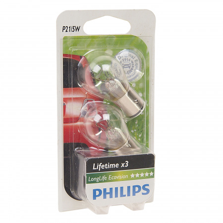 Автолампа P21/5W (BAY15d) LongLife EcoVision (блистер, 2шт) 12V PHILIPS /1/10