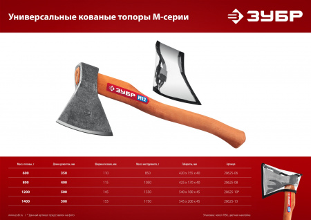 ЗУБР 1400/1750 г, 500 мм, универсальный кованый топор (20625-13)