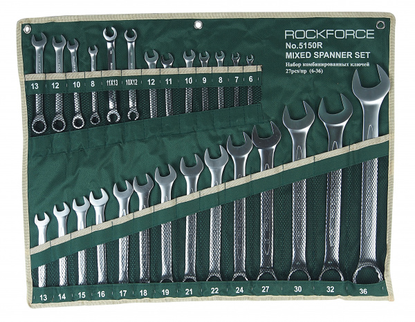 Набор ключей комбинированных RF-5150R:  универсальный 27пр.(6-36мм),разрезные 2пр(10-12,11-13мм) трещоточные 4пр(8-13мм) на полотне ROCKFORCE /1