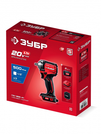 ЗУБР 20 В, 500 Н·м, 1 АКБ LMS (4 А·ч), бесщеточный ударный гайковерт, сумка (ГБУ-500-41)