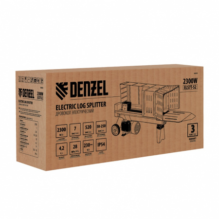 Дровокол электрический ELS7T-52, 2300 Вт, сила раскола 7т, макс. размеры полена D250 x 520 мм Denzel