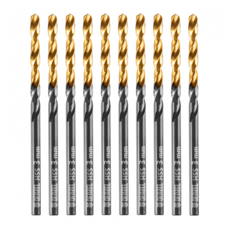 Сверло по металлу, 3 мм, HSS-Tin, Golden Tip, 10 шт. Denzel