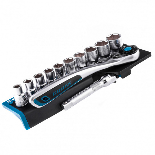 Набор торцевых головок, трещотка 120 зубьев, 1/2", CrV, 12 предметов Gross Набор торцевых головок, трещотка 120 зубьев, 1/2", CrV, 12 предметов Gross