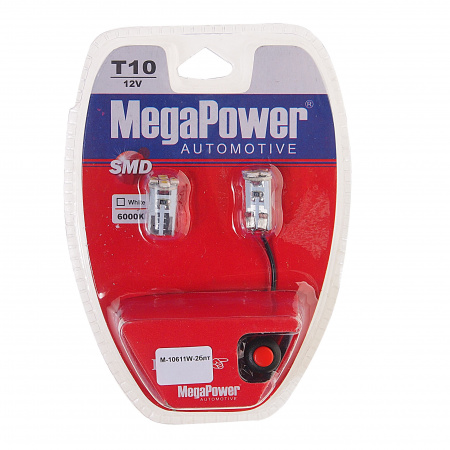 Автолампа T10W (W2,1x9,5d) 5 SMD 3528 WHITE блистер с тестером (2 шт) 6000K 90лм   12V MEGAPOWER /1 /25