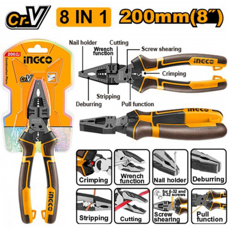 Плоскогубцы  180 мм многофункциональные 8 в 1, INGCO HMFCP28200 INDUSTRIAL