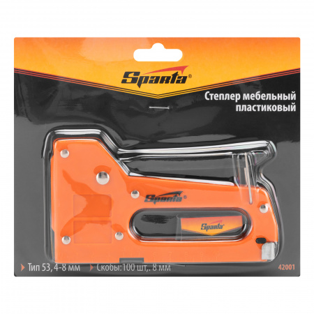 Степлер мебельный пластиковый, со скобами 100 шт, тип скобы 53, 4-8 мм Sparta