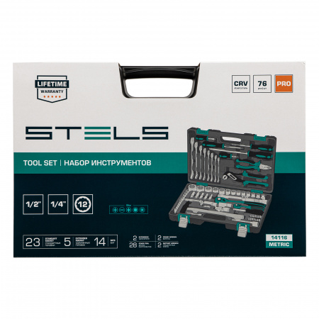 Набор инструментов, 1/2", 1/4", CrV, 12 гранные головки, пластиковый кейс, 76 предметов Stels Набор инструментов, 1/2", 1/4", CrV, 12 гранные головки, пластиковый кейс, 76 предметов Stels