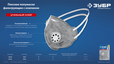 ЗУБР ПГ-80, класс защиты FFP1, плоская, с угольным слоем, фильтрующая полумаска с клапаном выдоха, Профессионал (11167)