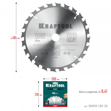 KRAFTOOL Fast, 185 х 20 мм, 24Т, пильный диск по дереву (36950-185-20)