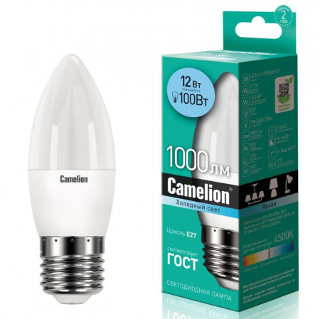 Лампа светодиодная E27 C35 12W холодный свет CAMELION 1/10/100
