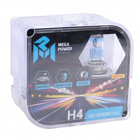 Автолампа H4 (60/55) P43t-38 +120% (бокс, 2шт) 12V MEGAPOWER /1/10
