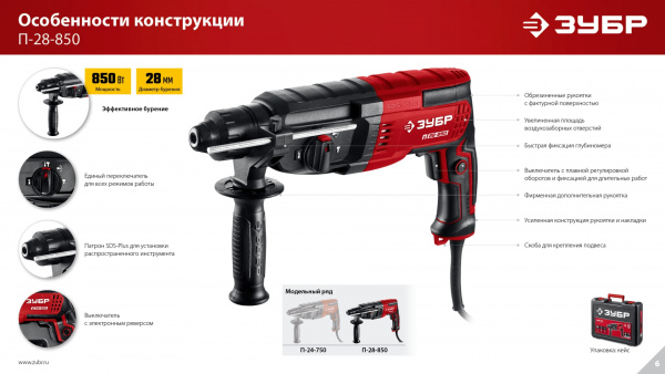 ЗУБР 28 мм, 850 Вт, перфоратор SDS Plus (П-28-850) ЗУБР 28 мм, 850 Вт, перфоратор SDS Plus (П-28-850)