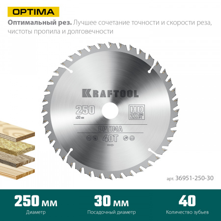 KRAFTOOL Optima, 250 х 30 мм, 40Т, пильный диск по дереву (36951-250-30)